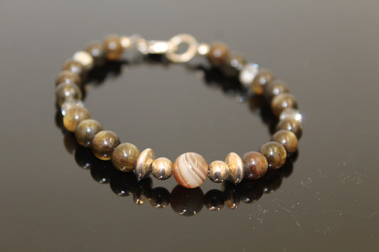 Golden Mica and Botswana Agate Bracelet with Sterling Silver Balls and Swarovski Crystals
