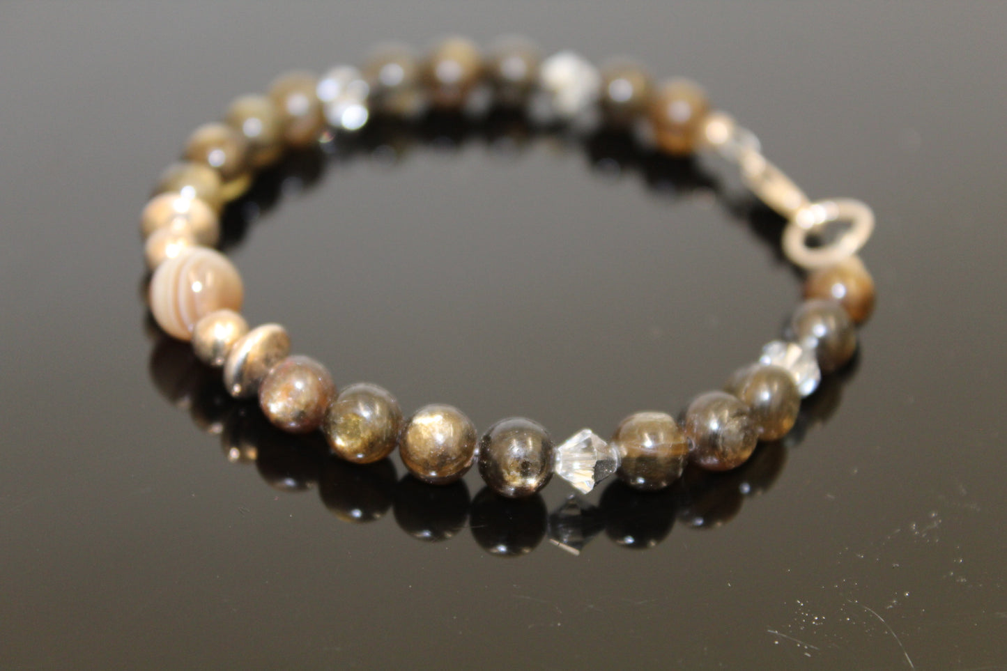 Golden Mica and Botswana Agate Bracelet with Sterling Silver Balls and Swarovski Crystals